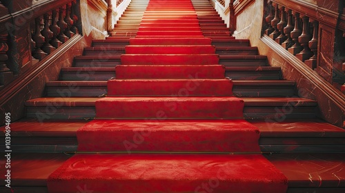 Vintage looking Red carpet on a stairway used to mark the route taken by heads of state vips and celebrities on ceremonial and formal occasions or events photo