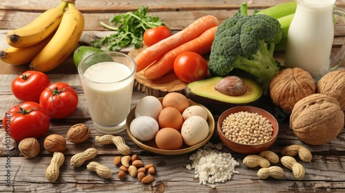 Foods rich in vitamin B7 Biotin Foods as eggs soybeans milk cauliflower mushrooms carrot broccoli Tomatoes banana avocado peanuts walnuts and almonds on wooden table photo