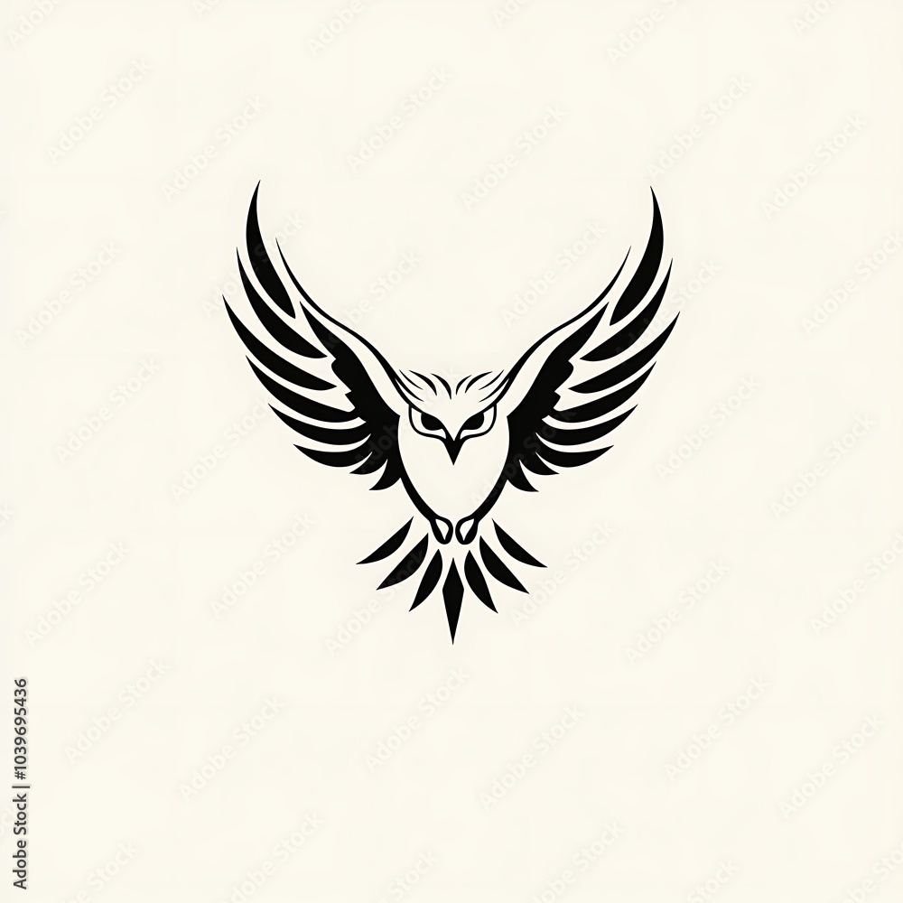 A black and white stylized illustration of a bird with wings spread, in flight, facing forward. A black and white stylized illustration of a bird with wings spread, in flight, facing forward.