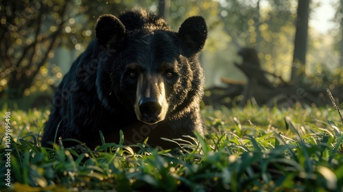 A Shallow focus of a Louisiana black bear in a green field photo