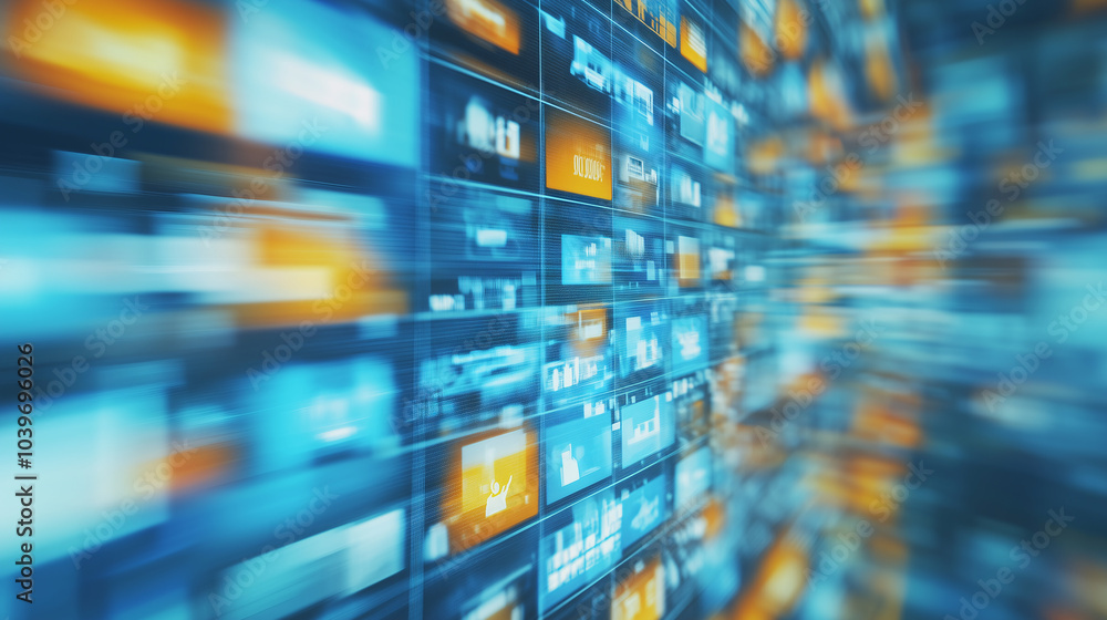 Blurred digital grid with glowing icons and data streams Blurred digital grid with glowing icons and data streams