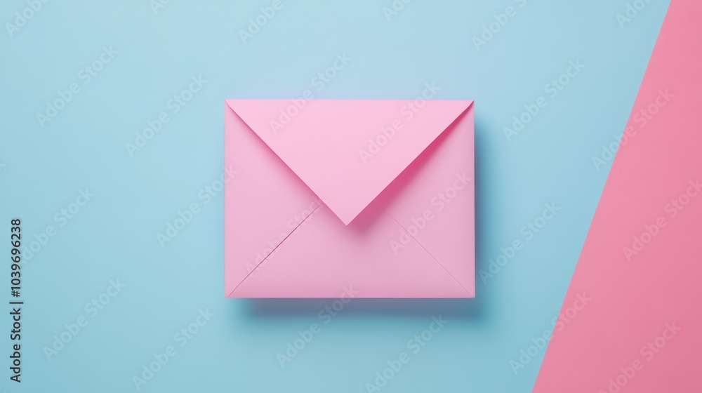 Vibrant abstract design, single pink envelope on blue and pink background pink