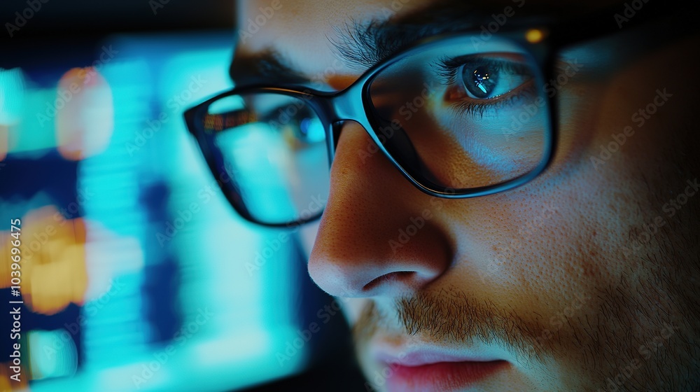 Focused Young Man in Glasses Intently Analyzing Stock Market Charts on Computer Screen, Close-Up Detailed Portrait Focused Young Man in Glasses Intently Analyzing Stock Market Charts on Computer Screen, Close-Up Detailed Portrait
