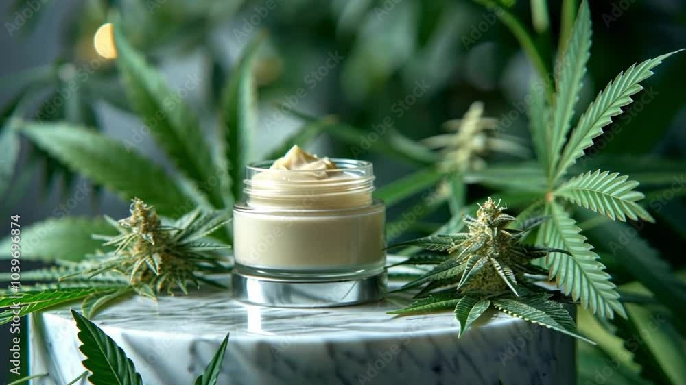 A rich skincare cream is placed on a marble surface, enveloped by lush cannabis leaves and buds, showcasing nature's beauty. A rich skincare cream is placed on a marble surface, enveloped by lush cannabis leaves and buds, showcasing nature's beauty.