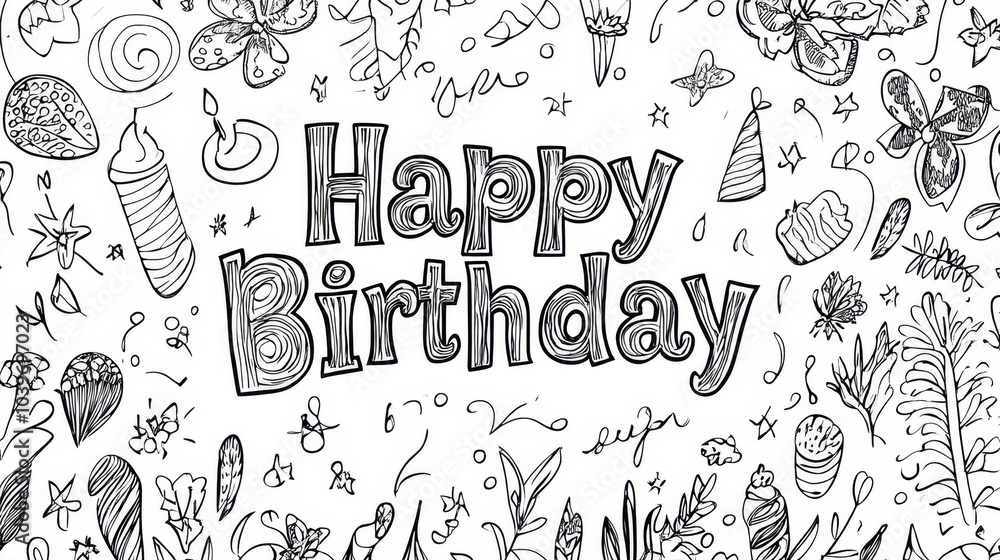 A vibrant birthday celebration with whimsical illustrations and cheerful elements set against a playful backdrop of flowers and treats, coloring page A vibrant birthday celebration with whimsical illustrations and cheerful elements set against a playful backdrop of flowers and treats, coloring page