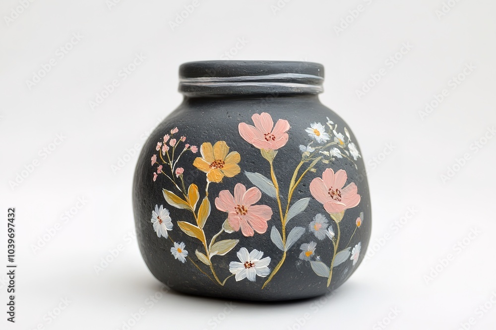 Painted on a flat black rock with white outlines of a mason jar and small floral accents. A simple design on a white background. High quality Painted on a flat black rock with white outlines of a mason jar and small floral accents. A simple design on a white background. High quality