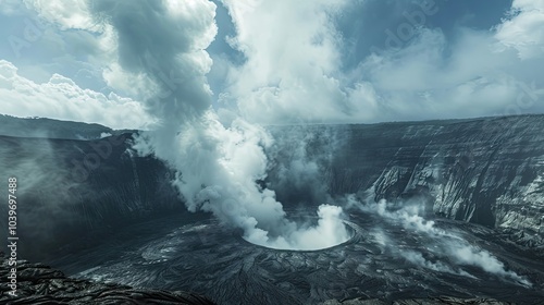 documenting the volcanic crater with its plumes of smoke photo