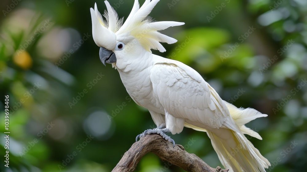 A white cockatoo perches atop a tree branch, wings splayed, head tilted A white cockatoo perches atop a tree branch, wings splayed, head tilted