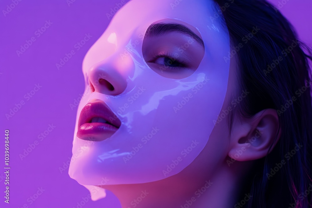 A model applying a sheet mask to her face in a close up shot of the product in action. A model applying a sheet mask to her face in a close up shot of the product in action.