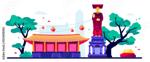 Buddhist temple and statue - modern colored vector illustration with classic Shinto shrine with a curved tiled roof, paper lanterns and a statue of an enlightened one. Summer beauty in Korea idea