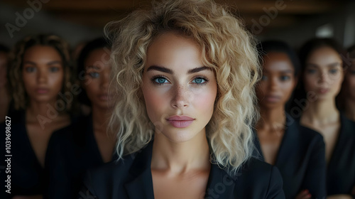 Closeup Portrait of a Woman with Blonde Curly Hair and Blue Eyes