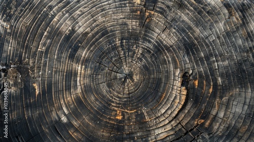 Tree rings old weathered wood texture with the cross section of a cut log photo