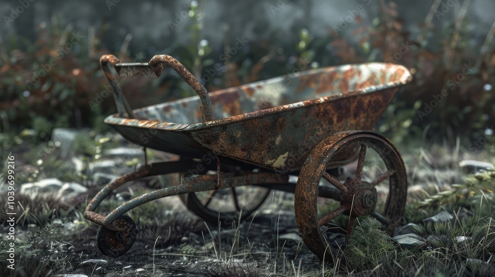 Old and rusty empty wheelbarrows Garden single wheel cart Old and rusty empty wheelbarrows Garden single wheel cart