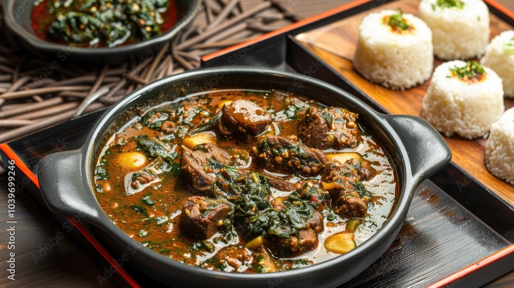 Nigerian Efik Afang vegetable soup with beef served with garri on a ceramic tray Nigerian Efik Afang vegetable soup with beef served with garri on a ceramic tray