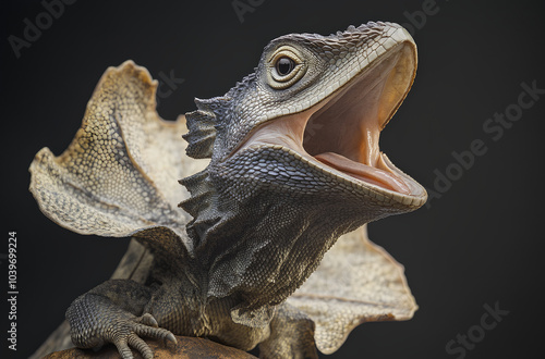 A close-up portrait of a frilled lizard with its mouth open wide, showcasing its unique scales, skin texture, and frill. photo