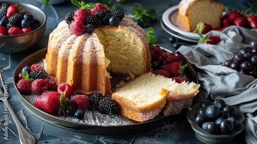 Classic vanilla pound cake sliced and ready to eat served with fresh berries photo