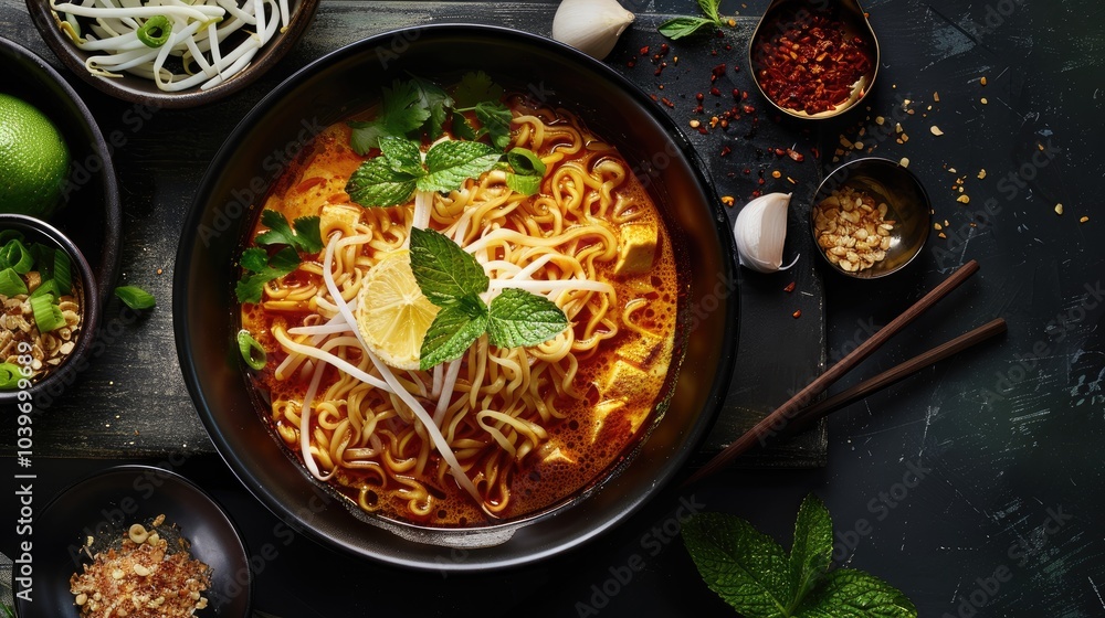 A Burmese curried noodle soup with noodles spices and gravy A Burmese curried noodle soup with noodles spices and gravy