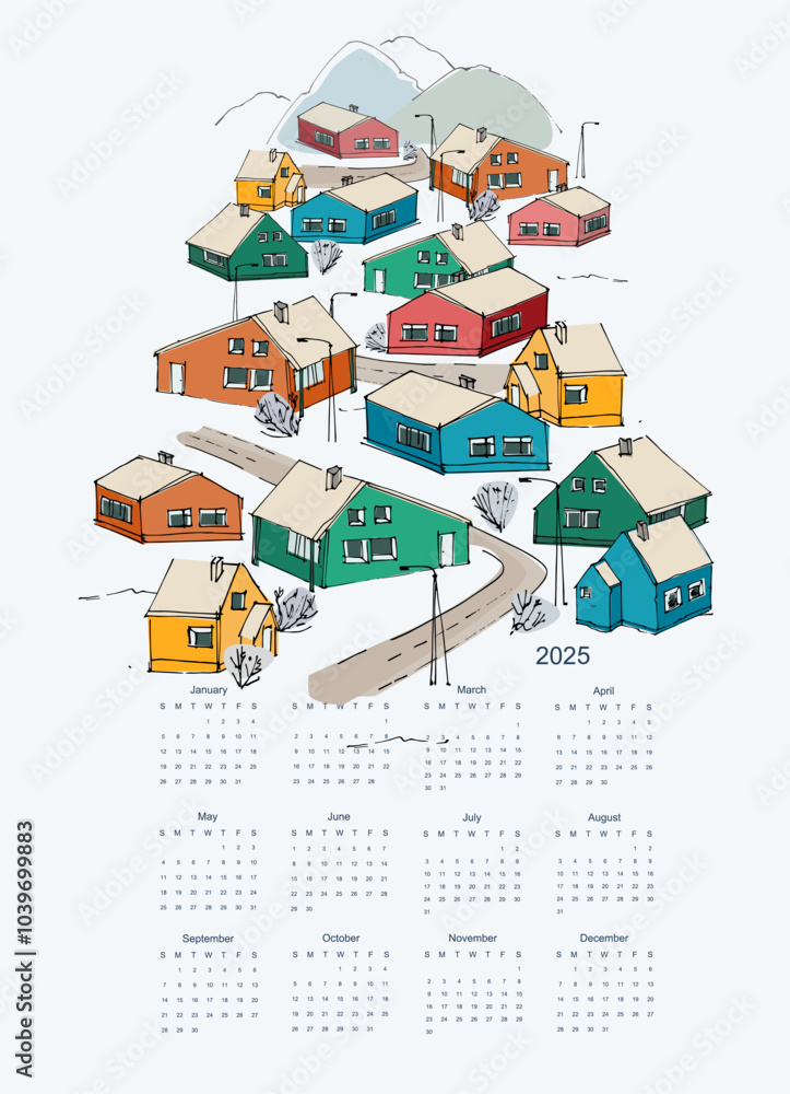 Fototapeta premium Calendar vector template for year 2025 with snowy winter village, landscapes. Isolated calendar dates