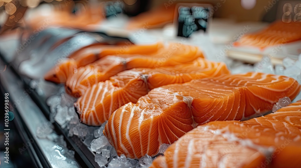 Pieces of salmon on the counter in the store Retail trade in fresh seafood Close up Pieces of salmon on the counter in the store Retail trade in fresh seafood Close up