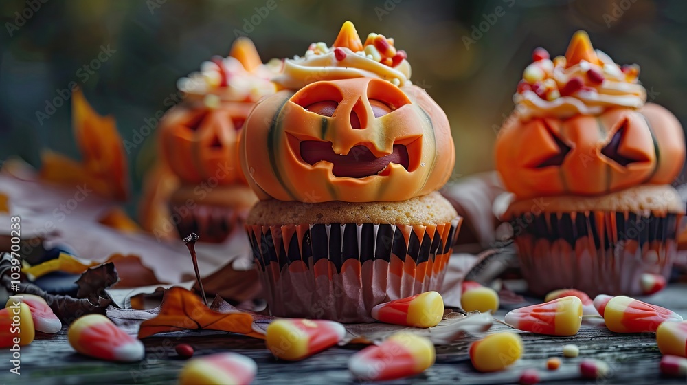 Halloween Jack o Lantern Cupcakes with Candy Corn Halloween Jack o Lantern Cupcakes with Candy Corn