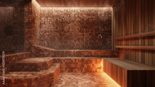 Modern steam sauna with small tiles and a seat