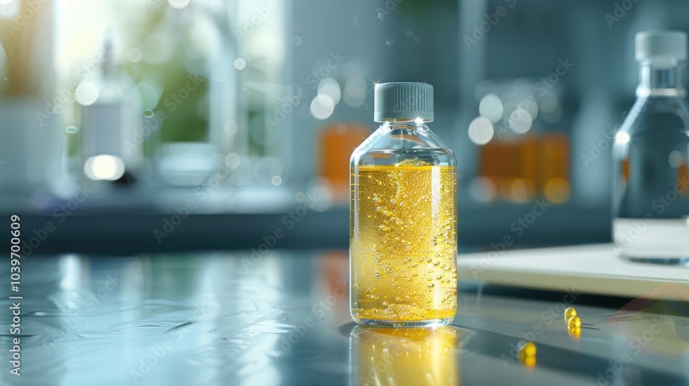 Candelilla Wax in PET preform bottle with aluminium cap Cosmetic chemicals ingredient on laboratory table Candelilla Wax in PET preform bottle with aluminium cap Cosmetic chemicals ingredient on laboratory table