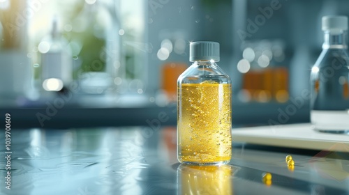 Candelilla Wax in PET preform bottle with aluminium cap Cosmetic chemicals ingredient on laboratory table photo