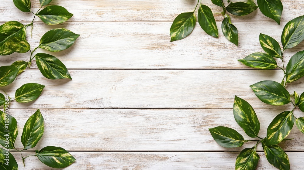 Rustic white wood background adorned with vibrant green leaves green Rustic white wood background adorned with vibrant green leaves green