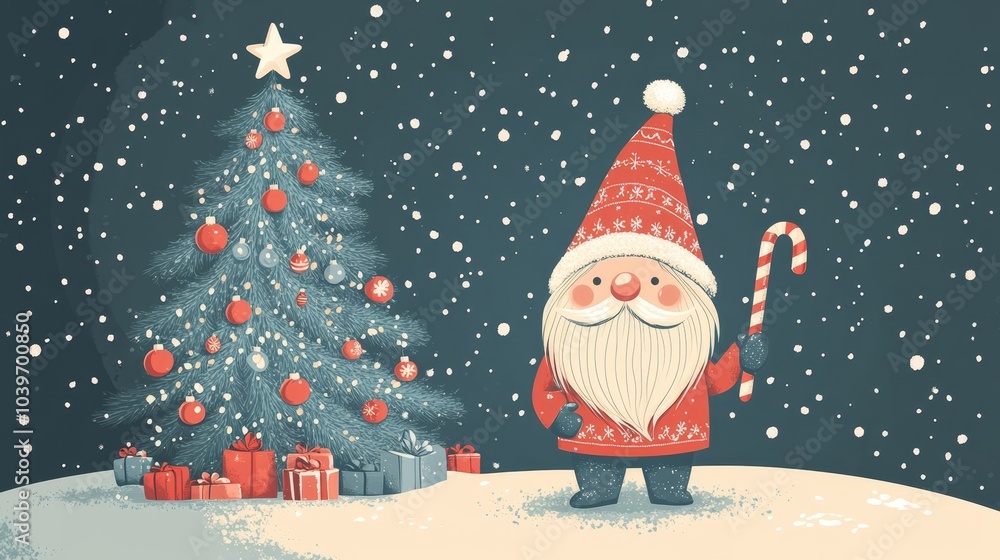 Cute Santa Claus holding candy canes in a snowy scene with a decorated Christmas tree, glowing lights, and gifts, surrounded by falling snowflakes under a starry night sky Cute Santa Claus holding candy canes in a snowy scene with a decorated Christmas tree, glowing lights, and gifts, surrounded by falling snowflakes under a starry night sky