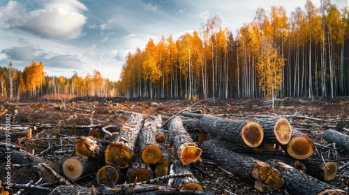 Logging in autumn when trees are yellow Cut over land Northern mixed forests as barbaric way of exploiting natural resources Ecological problem of greenhouse effect in conditions of deforestation photo