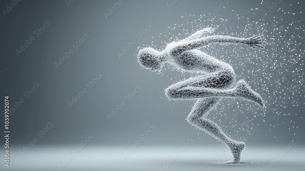 A person energetically jumping into the air leaving behind a trail of glowing mesh and digital effects conveying a sense of motion dynamism and technological or futuristic elements A person energetically jumping into the air leaving behind a trail of glowing mesh and digital effects conveying a sense of motion dynamism and technological or futuristic elements
