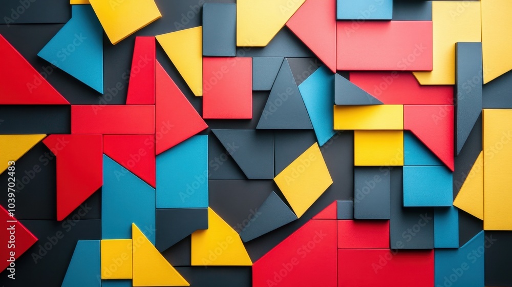Vibrant geometric patterns in primary colors create a striking abstract wall design and enhance any modern interior space Vibrant geometric patterns in primary colors create a striking abstract wall design and enhance any modern interior space