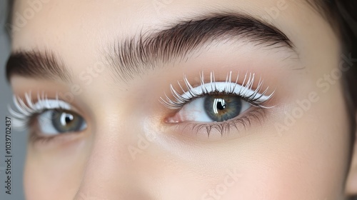  A close-up of a woman's blue eyes with long lashes, not on top of her head but framing them