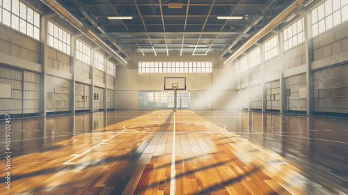 A modern indoor basketball court with polished hardwood floors Basketball court school gym indoor.