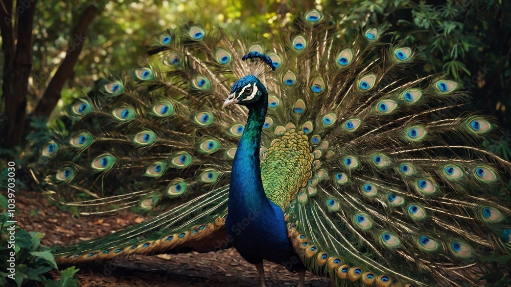 Obraz premium Clipart of an artistic peacock painting on a canvas with colorful feathers fanned out in a lush gar