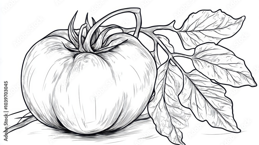 A beautifully detailed sketch of a ripe tomato resting among vibrant green leaves, capturing nature\'s elegance, coloring page A beautifully detailed sketch of a ripe tomato resting among vibrant green leaves, capturing nature\'s elegance, coloring page