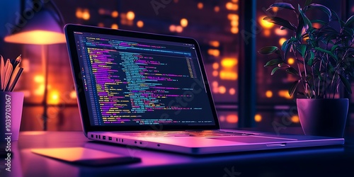 Vibrant Developer Workspace Displaying HTML Code on Laptop Screen, Illustrating Web Development in a Cozy Evening Setting, Generative Ai