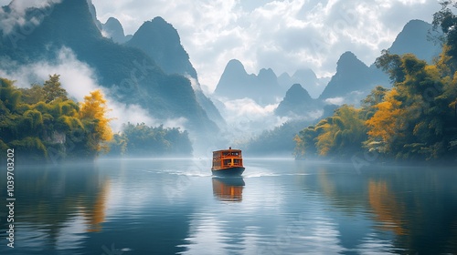 Wallpaper Mural A serene boat gliding through misty mountains and calm waters, evoking tranquility. Torontodigital.ca
