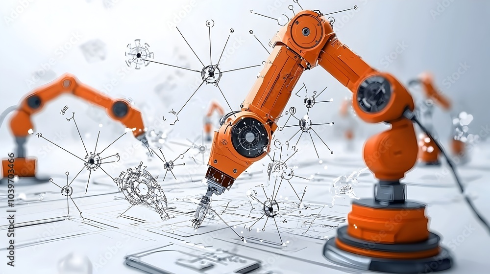 Advanced robotic welding machines precisely and efficiently assembling automotive parts and components in a state of the art car manufacturing facility Advanced robotic welding machines precisely and efficiently assembling automotive parts and components in a state of the art car manufacturing facility