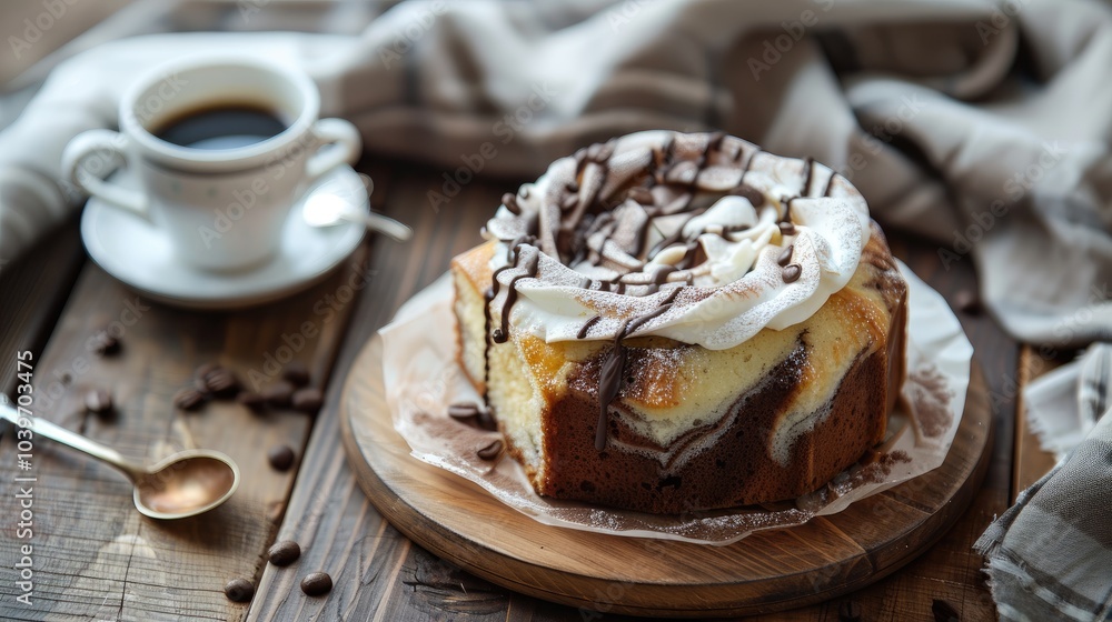 Homemade marble cake with a cup of coffee on wooden rustic table Homemade marble cake with a cup of coffee on wooden rustic table