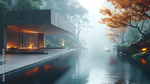 Modern House with Pool in Misty Forest 3D Illustration photo