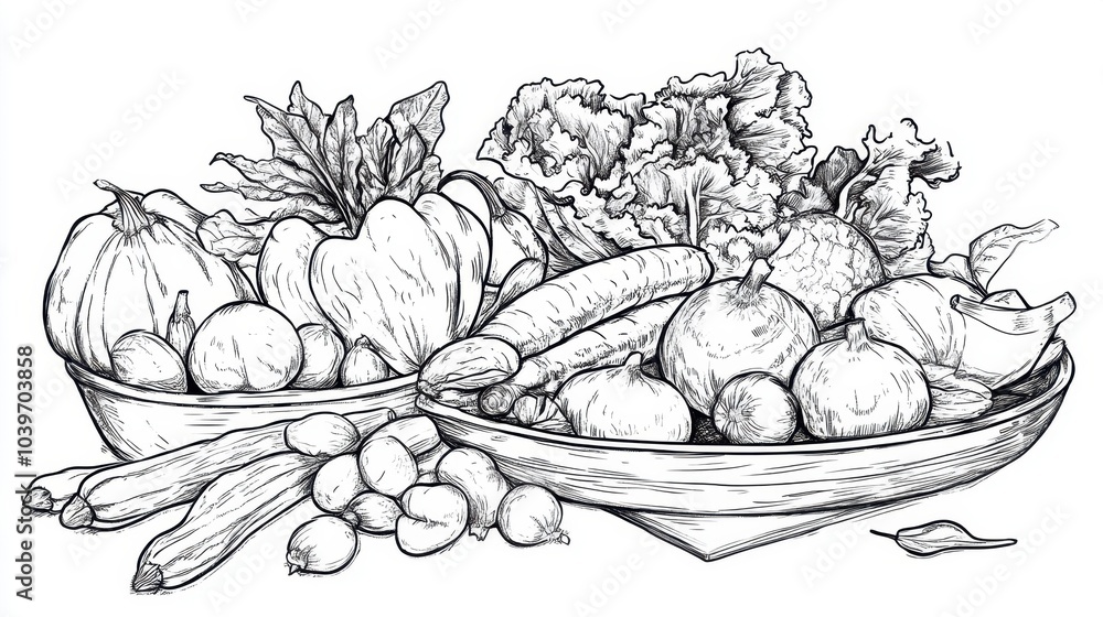 A bountiful harvest displayed in elegant bowls showcases vibrant vegetables and fresh greens in intricate line art, coloring page A bountiful harvest displayed in elegant bowls showcases vibrant vegetables and fresh greens in intricate line art, coloring page