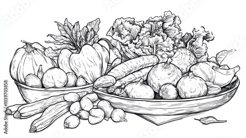 A bountiful harvest displayed in elegant bowls showcases vibrant vegetables and fresh greens in intricate line art, coloring page