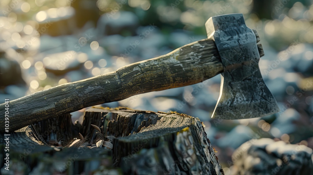 Blade of weathered ax stuck in cut tree trunk closeup Blade of weathered ax stuck in cut tree trunk closeup