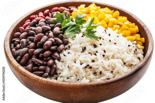 Beans and rice with exotic spices, global fusion dish with unique spices on solid white background photo