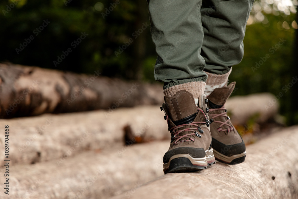 hiking boots close-up. a tourist's legs overcome an obstacle while walking along a log
hiking boots close-up. a tourist's legs overcome an obstacle while walking along a log