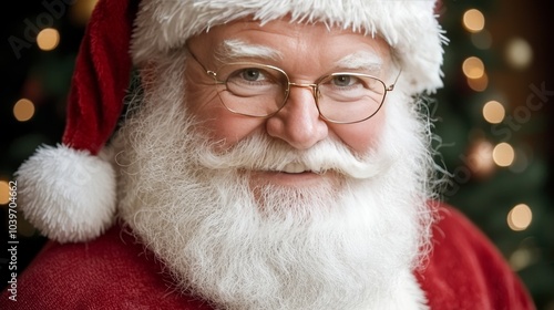 Santa Claus Close up Portrait with White Beard and Glasses