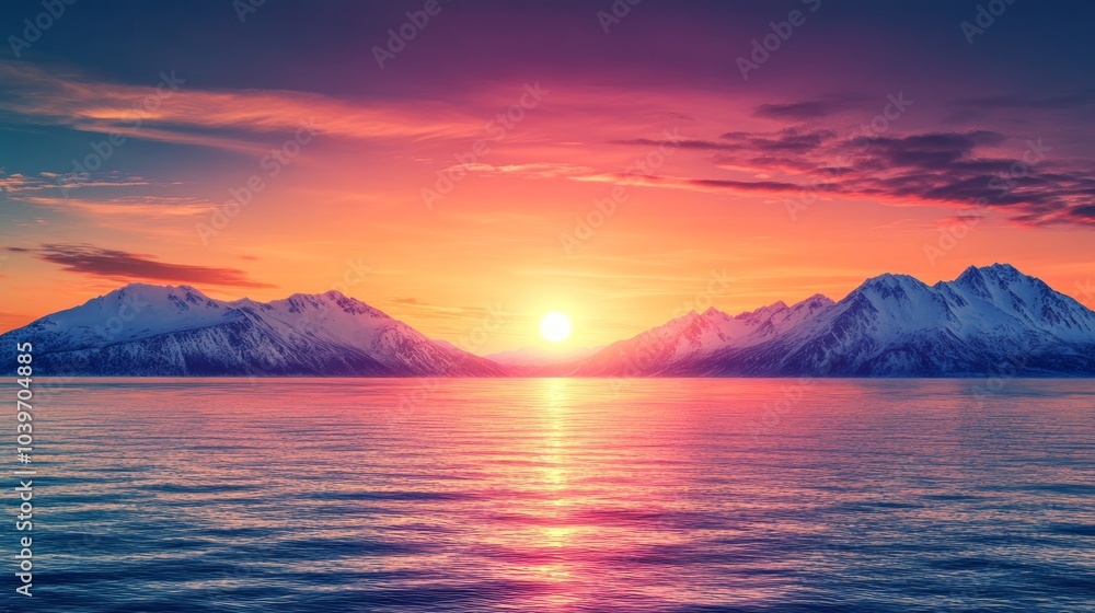 A breathtaking sunset over a snow-capped mountain range with the sun setting behind the peaks. The sky is a vibrant mix of pink, orange, and purple, and the water is a deep blue. A breathtaking sunset over a snow-capped mountain range with the sun setting behind the peaks. The sky is a vibrant mix of pink, orange, and purple, and the water is a deep blue.