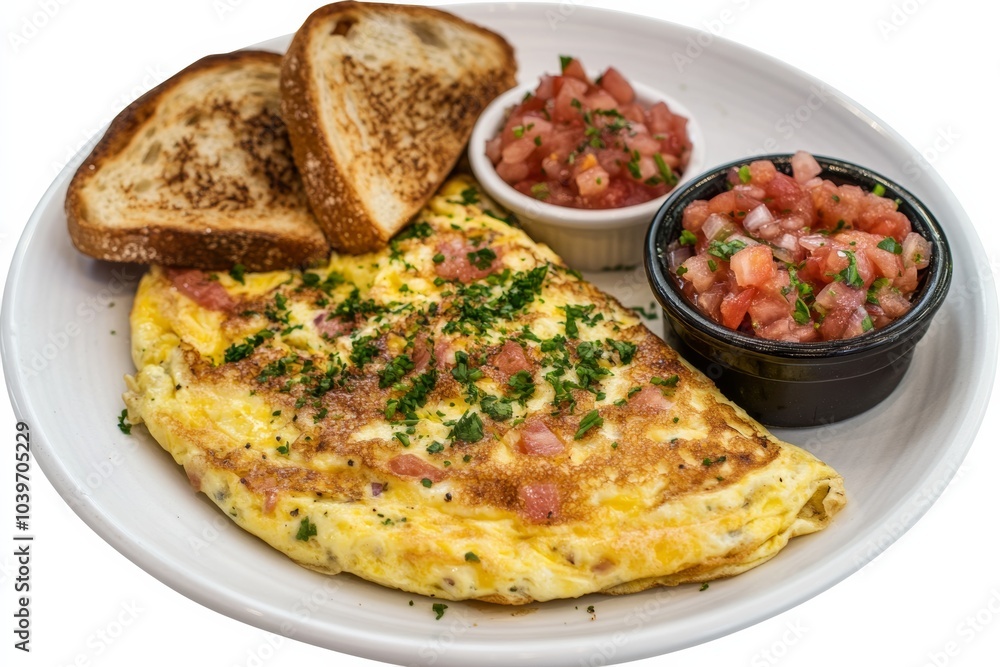 Fluffy omelette with herbs and cheese next to toast and salsa on solid white background Fluffy omelette with herbs and cheese next to toast and salsa on solid white background