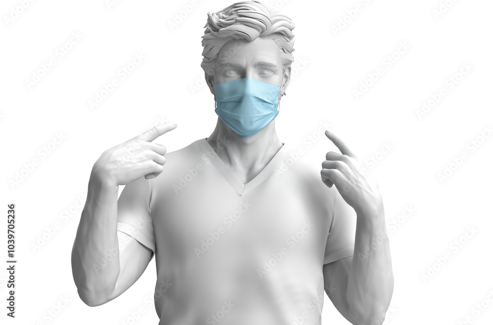 White statue of a man points at his surgical mask, emphasizing the importance of wearing protective gear in healthcare settings during the pandemic White statue of a man points at his surgical mask, emphasizing the importance of wearing protective gear in healthcare settings during the pandemic